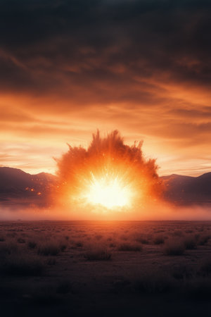 A powerful volcanic eruption sends thick plumes of smoke and ash into the sky, creating a fiery explosion in a desolate landscape during twilight. The scene captures nature's force and intensity.の素材