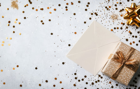 A beautifully wrapped gift sits next to a blank card, both placed on a soft pink surface adorned with sparkling golden confetti. This arrangement evokes a celebratory atmosphere.の素材