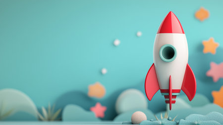 A vibrant rocket ship takes off with an exciting launch from a fluffy cloud, surrounded by a cheerful blue background. The design sparks imagination and evokes a sense of adventure and exploration.の素材