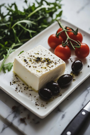 A block of fresh feta cheese topped with herbs sits on a plate alongside black olives, cherry tomatoes, and arugula, all illuminated by soft natural light, creating an appetizing display.の素材
