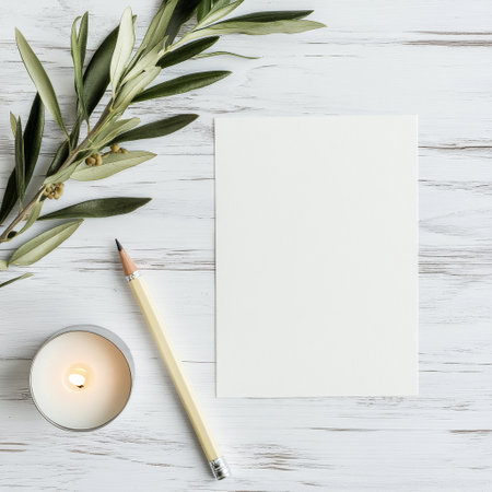 A calming setup featuring two lit candles, a sprig of greenery, and a blank sheet of paper alongside a pencil, all arranged on a rustic wooden tabletop, inviting creativity and reflection.の素材
