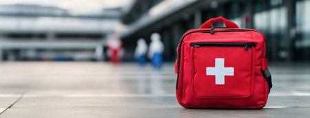 A red first aid kit is placed on the floor of a medical facility, highlighting its importance in emergency situations. A medical professional is seen in the background, preparing to assist.の素材