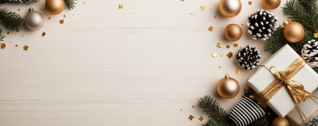 Decorative elements adorn a wooden surface, featuring wrapped gifts, pine branches, ornaments, and pinecones, creating a warm and inviting holiday atmosphere perfect for celebration.の素材