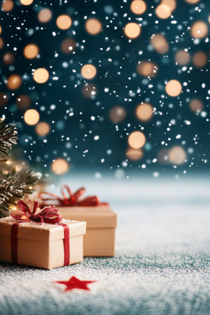 Wrapped gifts adorned with ribbons sit on a snowy surface, while snowflakes gently fall and twinkling lights create a festive atmosphere, capturing the essence of the holiday season.の素材