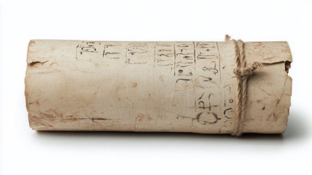An ancient map is rolled up, displaying intricate drawings and notations on aged parchment. The wooden rods at each end enhance its historical appearance.の素材