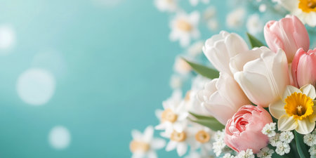 A beautiful arrangement of tulips, daffodils, and other spring flowers showcases vibrant colors against a light blue background, capturing the essence of a serene spring day.の素材