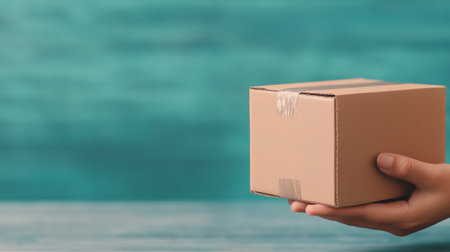 A person extends their hand, showcasing a small, sealed cardboard box against a vibrant turquoise background. The lighting enhances the box's texture in this inviting atmosphere.の素材