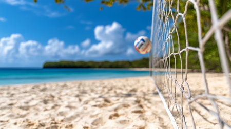 A sandy beach stretches along the shoreline, featuring a volleyball net set up. Waves gently lap against the shore under a clear blue sky with fluffy white clouds.の素材