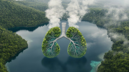 Lungs morph into vibrant green trees, symbolizing the deep connection between nature and health. The depiction highlights the role of clean air and the environment in promoting well-being.の素材
