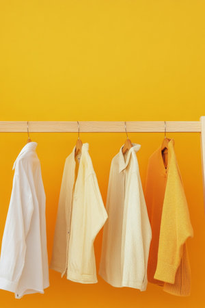 A wooden rack showcases a gradient of yellow and white garments hanging neatly. The warm orange background enhances the vibrant colors, creating a cheerful atmosphere.の素材