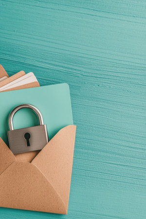 A padlock secures an envelope containing important documents placed on a vibrant turquoise wooden surface, symbolizing security and confidentiality.の素材