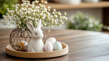 A ceramic bunny stands beside a tray of pastel-colored eggs while a vibrant flower arrangement adds charm to the table setting. Perfect for celebrating the Easter holiday.の素材