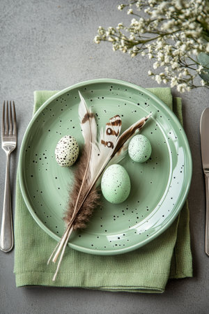 A beautifully arranged table features decorative green eggs on a soft green plate, accented by delicate feathers and fresh leaves. A fork rests nearby, enhancing the festive setting.の素材