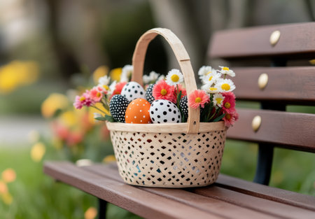 A pastel blue basket filled with vibrant spring flowers sits on a wooden table, accompanied by colorful Easter eggs in soft hues, creating a cheerful and festive atmosphere outdoors.の素材