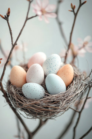 A nest sits on a branch, holding pastel-colored eggs, evoking a serene spring atmosphere. The soft hues of pink and blue contrast beautifully with the natural twigs.の素材