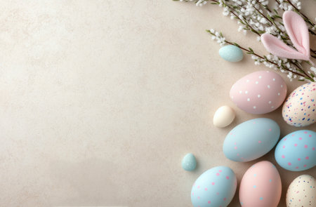 Pastel-colored eggs are artistically placed alongside floral decorations, creating a festive spring atmosphere perfect for Easter celebrations with soft bunny ears peeking in.の素材