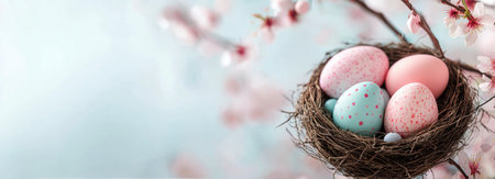 A delicate nest rests among blossoming flowers, containing three pastel-colored eggs that evoke the spirit of springtime. This serene setup captures a moment of nature's beauty.の素材
