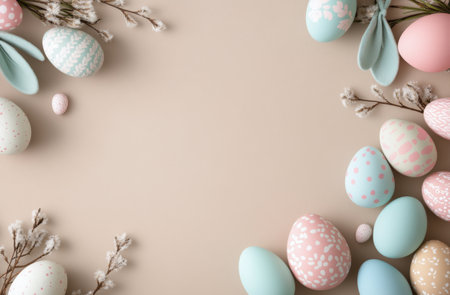Pastel-colored eggs are artistically placed alongside floral decorations, creating a festive spring atmosphere perfect for Easter celebrations with soft bunny ears peeking in.の素材