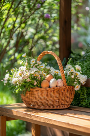 A wicker basket brimming with pastel-colored eggs and bright flowers rests on a wooden park bench, surrounded by greenery in warm sunlight, capturing a joyful spring atmosphere.の素材