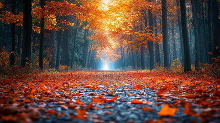 The pathway through a serene forest is covered in vivid orange and red leaves, illuminated by soft sunlight filtering through the trees, creating a peaceful atmosphere perfect for a leisurely stroll during autumn.の素材