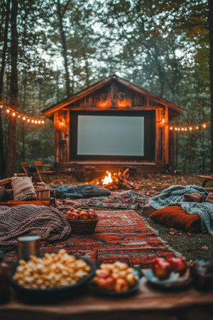 An inviting cabin nestled in a colorful autumn forest features an outdoor cinema with a large screen, cozy seating, and a warm fire pit. Soft lights illuminate the area, creating a perfect setting for a relaxing evening.の素材