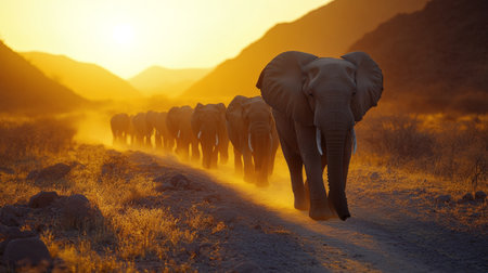 A family of elephants is gracefully migrating through a dry, arid landscape as the sun sets, casting a warm golden light over the scene. The majestic animals appear to be heading towards lush vegetation in the distance.の素材