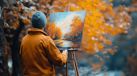 An artist stands in a vibrant autumn forest, painting a colorful landscape filled with golden leaves and trees. The warm sunlight filters through the branches, creating a peaceful and inspiring atmosphere for creativity.の素材