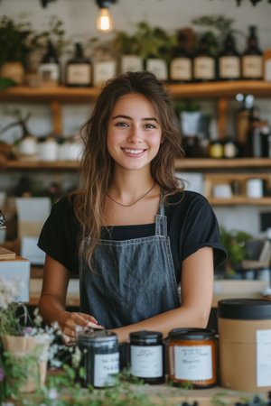 A cheerful young woman in a black shirt and apron stands in a welcoming herbal shop filled with jars and plants. The atmosphere is warm and inviting, perfect for customers seeking natural products and remedies.の素材