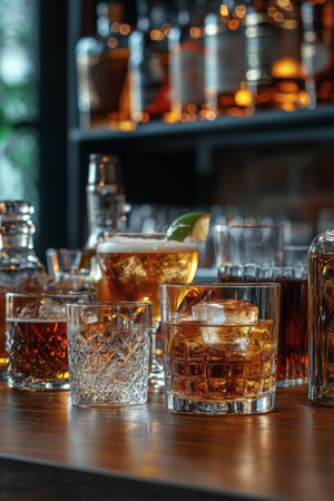 A vibrant bar setup showcases an array of whiskey drinks in various glasses, complete with ice and garnishes. Behind the counter, an impressive selection of bottles adds to the inviting atmosphere of the establishment.の素材