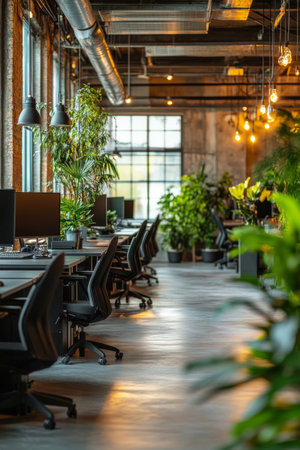An inviting office environment filled with plants, showcasing desks and ergonomic chairs arranged in a spacious layout. Large windows allow ample natural light, creating a vibrant atmosphere for productivity.の素材