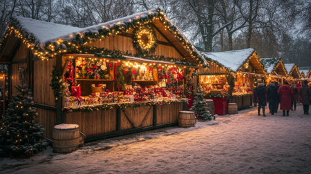 The bustling holiday market features beautifully decorated stalls filled with seasonal treats and festive decorations. Visitors stroll through the enchanting atmosphere, surrounded by glowing lights and a large star overhead.の素材
