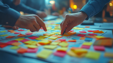 A diverse group of individuals focuses intently on brainstorming ideas in a well-lit workspace, surrounded by sticky notes of various colorsの素材