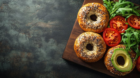 Slices of toasted bread topped with creamy avocado, fresh tomato slices, and arugula on a wooden board, garnished with black seeds and spices, presenting a vibrant and healthy meal.の素材