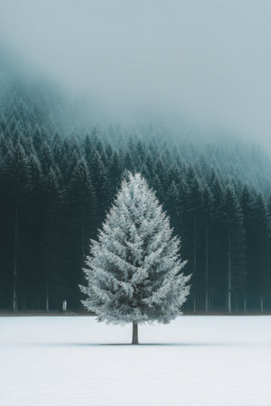 A solitary evergreen tree, dusted with fresh snow, rises from a snowy hillside amidst a foggy winter morning. The surrounding mountains are shrouded in mist, creating a tranquil, serene atmosphere.の素材