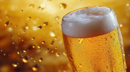 A chilled glass of golden beer showcases a creamy frothy top, with droplets of condensation glistening. The backdrop features a vibrant golden hue, evoking a warm and inviting atmosphere perfect for relaxation.の素材