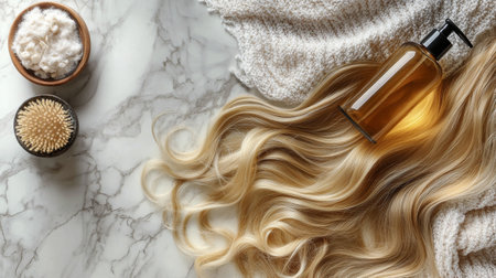 Soft, long blonde hair flows gracefully across a smooth, neutral-toned surface, capturing a sense of elegance and beauty with its wavy texture.の素材