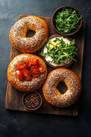 A wooden board displays fresh bagels topped with creamy cheese, sliced tomatoes, and arugula, accompanied by a small bowl of seasoning and fresh arugula leaves nearby.の素材