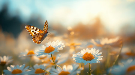 A vibrant butterfly gracefully flies among blooming daisies under a clear blue sky, illuminated by warm sunlight in a tranquil garden setting.の素材