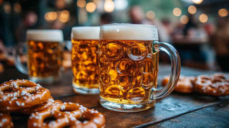 Three frosty mugs filled with golden beer sit on a rustic wooden table, accompanied by soft pretzels. The lively atmosphere of an outdoor gathering is enhanced by warm sunlight and blurred socializing in the background.の素材