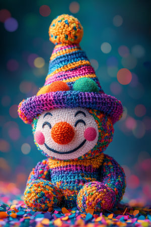 A vibrant clown wearing a sparkling hat and bright orange fur stands amidst a bustling street festival. Confetti showers down, creating a festive atmosphere as people gather to celebrate and enjoy the lively festivities.の素材
