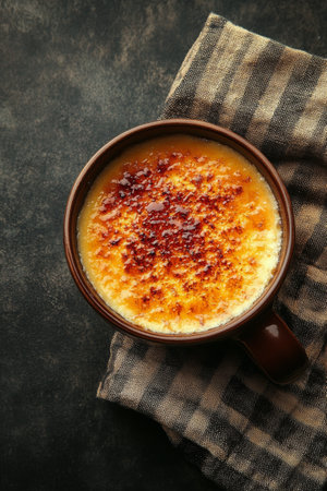 A smooth, rich custard dessert rests in a brown mug, showcasing a golden, caramelized sugar layer that sparkles under soft light, paired with a striped cloth for contrast.の素材