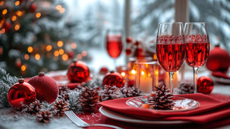 A beautifully arranged holiday table features red plates, sparkling drinks in elegant glasses, and festive decorations. Pine cones and red ornaments add charm, framing the cozy winter atmosphere outside the window.の素材