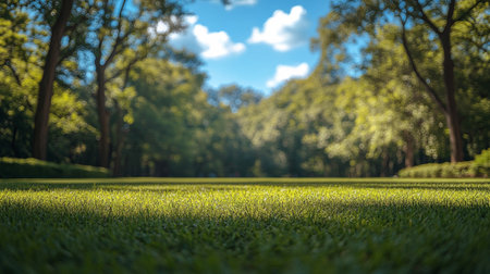 A vibrant stretch of well-maintained grass is basking in sunlight, surrounded by trees in a peaceful park. The scene conveys tranquility and natural beauty on a clear day.の素材
