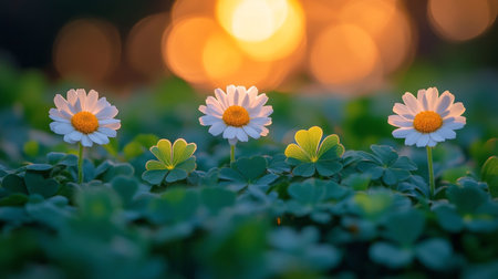 Bright daisies bloom amidst lush green grass as the sun sets, casting a warm golden glow over the scene. The vibrant flowers create a picturesque landscape filled with natural beauty.の素材