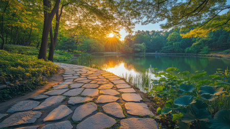 A tranquil path lined with lush greenery leads to a calm lake, illuminated by the warm glow of the setting sun in the background, creating a peaceful atmosphere for reflection and nature appreciation.の素材
