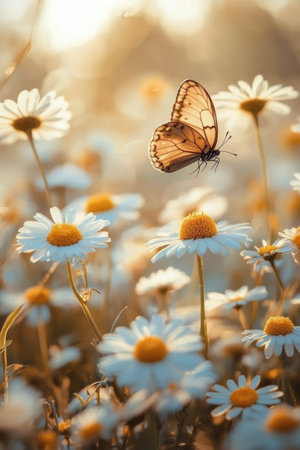 A vibrant monarch butterfly flutters among blooming daisies in a sunlit meadow, with a second butterfly visible in the background. The scene captures the beauty of nature during a bright spring day.の素材