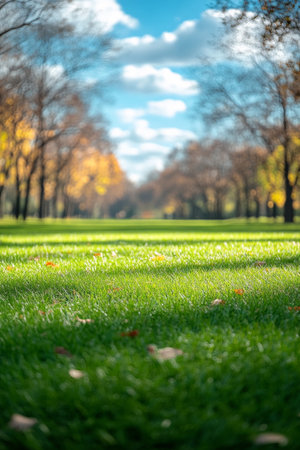 A lush green field stretches into the distance, framed by trees displaying autumn colors. Fluffy clouds drift across the bright blue sky, creating a serene and picturesque atmosphere.の素材