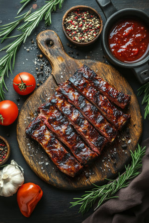 A variety of perfectly grilled steaks are placed on a wooden cutting board, accompanied by spices and fresh herbs. The mouthwatering highlights juicy cuts, enhancing the appeal for BBQ lovers and food enthusiasts.の素材