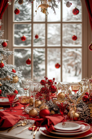 A beautifully set dining table features red and gold decorations, surrounded by elegant glassware and festive ornaments. Outside the large window, a winter wonderland of snow-covered trees creates a magical holiday atmosphere.の素材