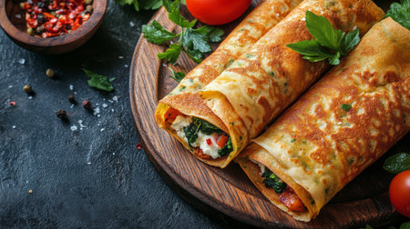 Two golden-brown crepes are filled with cheese and herbs, garnished with fresh parsley and cherry tomatoes, resting on a wooden plate alongside a small bowl of red pepper flakes.の素材